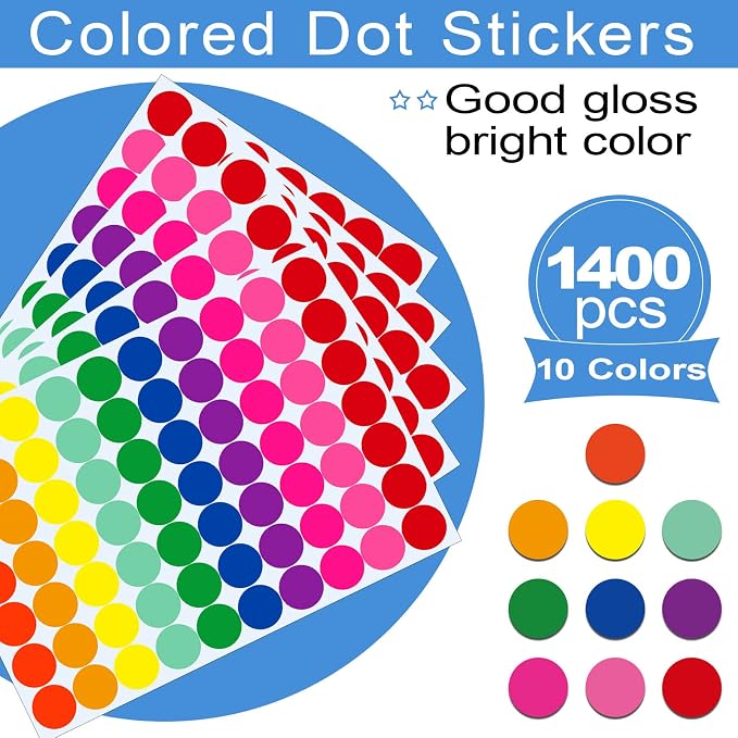 Dot Stickers 1400 PCS Color Coding Labels Round Circle Sticker 3/4 Inch Colored Dot Label for Toddlers Office Student Classroom Papers Etc