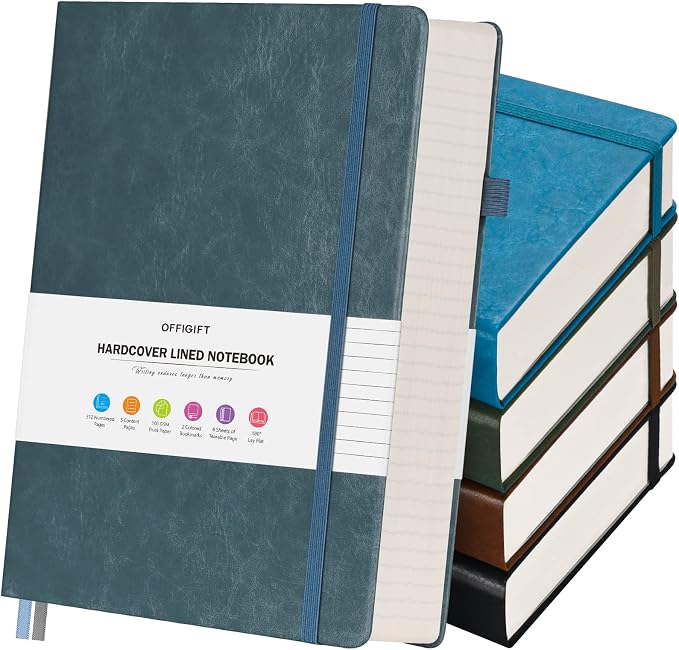 5 Pack College Ruled Notebook Bulk, A5, 312 Numbered Page Thick Journal Set | Cost-Effective 5 Pack 1600 Pages Total, 100gsm No Bleed Paper, Leather Hardcover, Lay-Flat, for Writing, Work, Employee Gifts