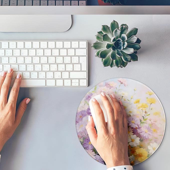 Round Mouse pad, high-end Texture, Sewn Edge Design, Anti-Slip Rubber Base. 8.6 x 8.6 inches (Pastel Flowers)