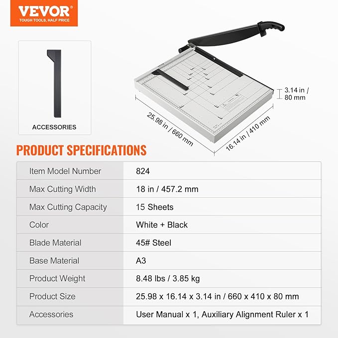 VEVOR Paper Cutter, 18 in Cut Length Guillotine Trimmer, 15-Sheet Capacity, Heavy-Duty Paper Cutter with Security Guard Rail/Blade Lock, Paper Trimmer for Cardstock, Cardboard, Home, Office & School