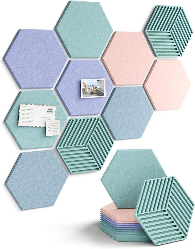 Fluxynara 10-Pack Hexagon Cork Board Alternative, Coastal Haze | Felt Bulletin Board with 50 Adhesive Tabs, Ideal for Vision Boards and Wall Decor in Homes, Offices, Classrooms, and Dorms