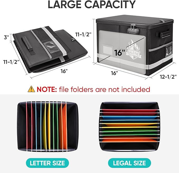 BALEINE Fireproof Document Box with Lock, Portable Waterproof Fire Proof File Organizer Box, File Storage Bag Safe Box for Important Paperwork (Black, 16''x12.5''x11.5'')