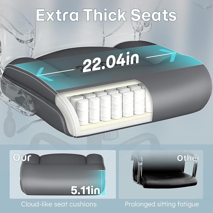 Ergonomic Office Chair, Big and Tall Office Chair, Executive Chair- Padded Leather Comfy Chair with Adjustable Lumbar Support & Flip-Up Arms, Rocking Swivel Chair for Home Office,Gray