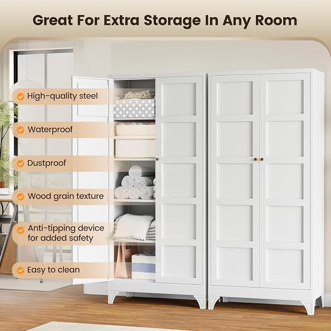 Metal Storage Cabinet with 2 Doors and 4 Adjustable Shelves,- 72" White Kitchen Pantry Storage Cabinet for Kitchen,Living Room,Dining Room