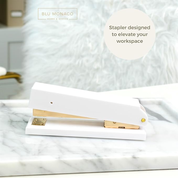 BLU MONACO | White and Gold Stapler | Chic Desktop Stapler with Smooth Metal Mechanism | Stylish Office Supply for Home, School & Work