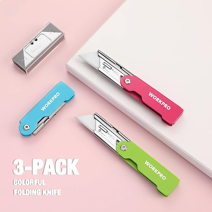 WORKPRO 3-Pack Folding Utility Knife Set, Quick Change Blade Box Cutter, Razor Knife with Belt Clip, 10 Extra SK5 Blades for Cartons, Cardboard and Boxes