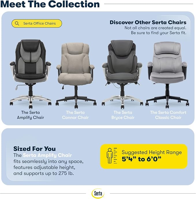 Serta Ergonomic Executive Office Chair, Padded Arms Mesh Back Leather Chair | Amplify, Contoured Lumbar Lower Back Support, Back Pain Relief, Adjustable Height & Tilt, Work From Home Desk Chair, Duo Gray