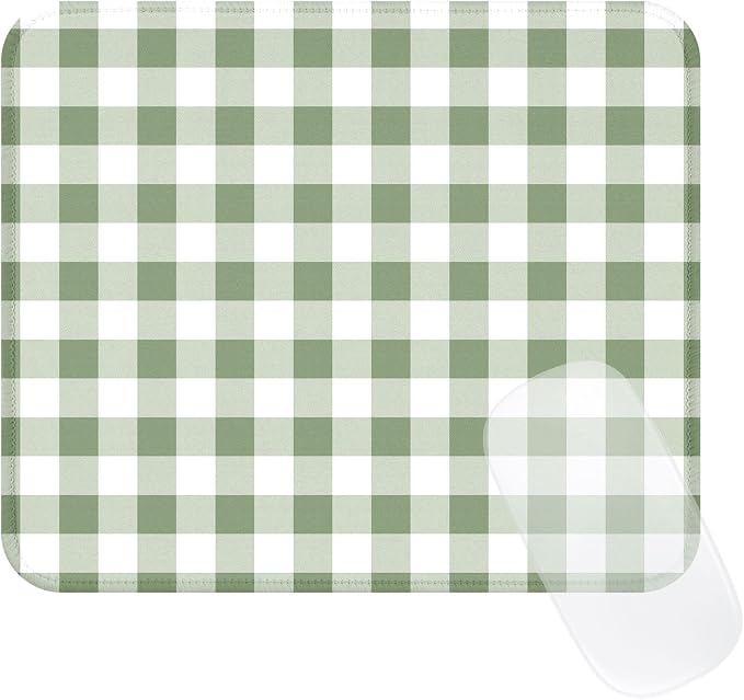 Square Cute Checkered Mouse Pad with Stitched Edge, Premium Waterproof Cloth Aesthetic Small Plaid Mouse Mat, Non-Slip Rubber Base Funny Mousepad Desk Accessories,Green White