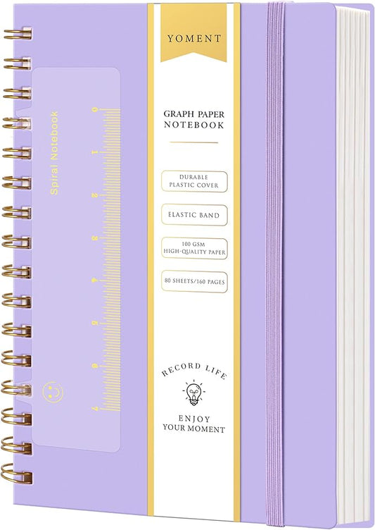 Yoment Graph Paper Spiral Notebook A5 Graphing Notebook 160 Pages Graph Paper Notebook Spiral Bound Waterproof Plastic Hardcover Spiral Journal 5x7 Grid Notebooks for Note Taking,Purple