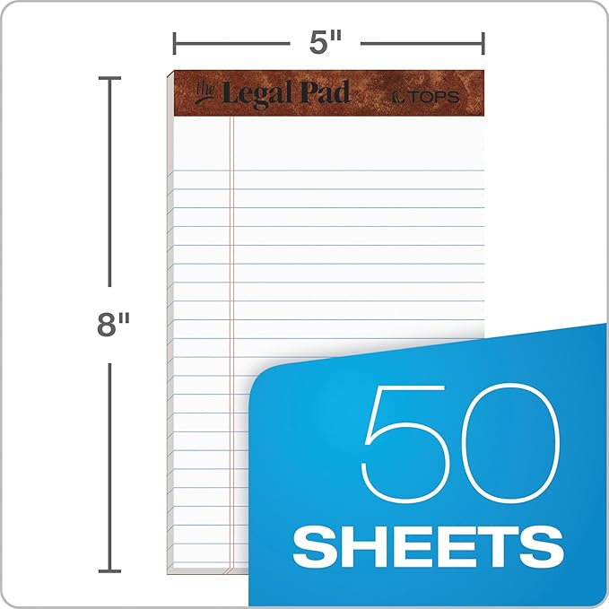 Tops 5 x 8 Legal Pads, The Legal Pad Brand, Narrow Ruled, White Paper, 50 Sheets Per Writing Pad, Made in the USA (7500) (Pack of 144)