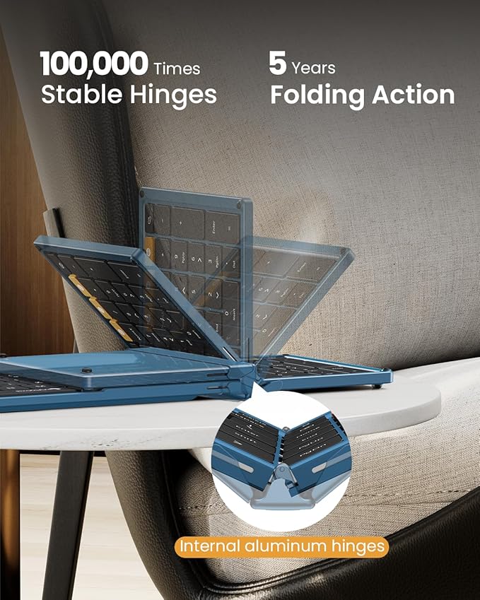 ProtoArc XKM01 Full-Size Foldable Keyboard Mouse Combo for Travel - Blue | 105-key keyboard, slim mouse, hard case and phone stand; 3-device Bluetooth & 2.4G switching, for travel office use