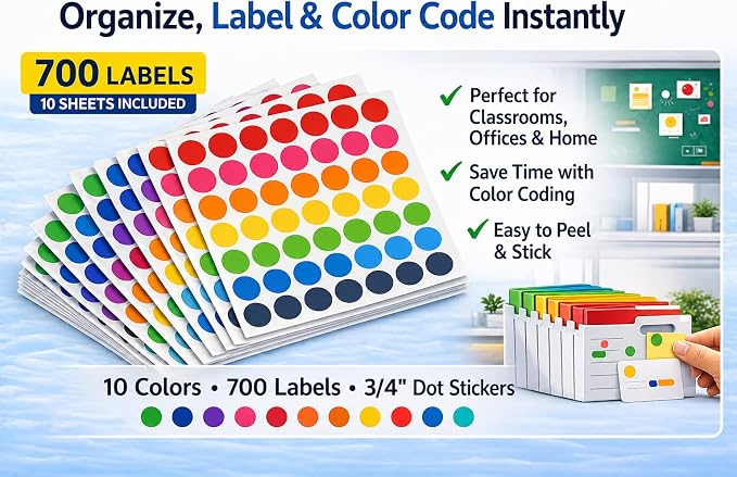 700 PCS Colored Dot Stickers, 3/4 Inch Round Color Coding Labels, Multi-Pack Circle Stickers for Classroom, Office Organization, Pricing, Inventory, Kids Crafts & Labeling Supplies