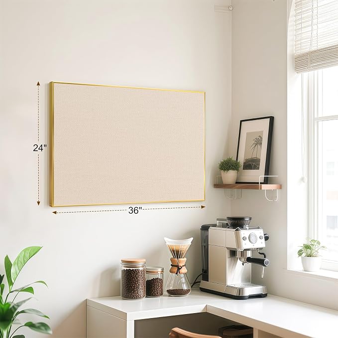 Linen Bulletin Board, 36"x24" Decorative Fabric Pin Board Vision Board | Gold Aluminum Frame, Upgraded Beige Canvas Surface, Wall Mounted, for Home Office Bedroom Dorm Wall Decor