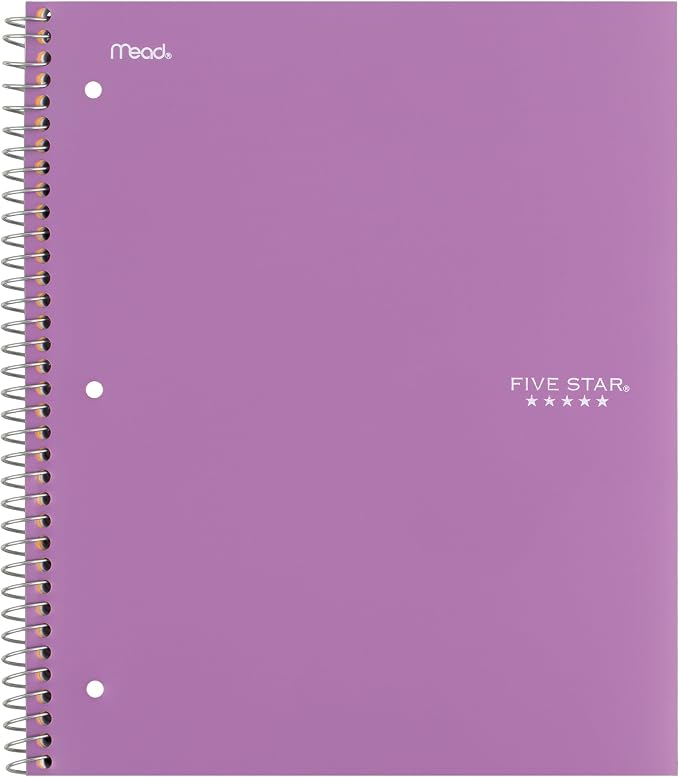 Five Star Spiral Notebook + Study App, 5 Subject, College Ruled Paper, 8-1/2" x 11", 200 Sheets, Fights Ink Bleed, Water Resistant Cover, Amethyst Purple (38748)