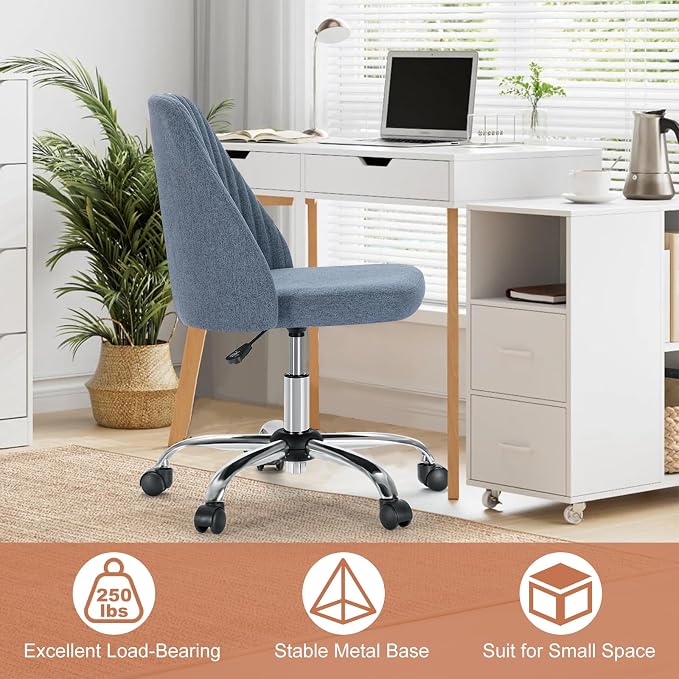 DUMOS Home Office Chair, Comfy Desk Chair with Rolling Wheels | Armless Height Adjustable, Wide Seating, Vanity Swivel Task, Bedroom Student Adults, Blue