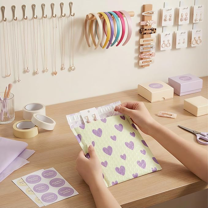 Fuxury Bubble Mailers 6x10" Padded Envelopes 100 Pack Usable Size 6x9"Bubble Envelopes Self Seal Small Padded Mailers for Small Business Shipping Bag, Gifts, Jewelry, Makeup,Purple Heart In Beige #0