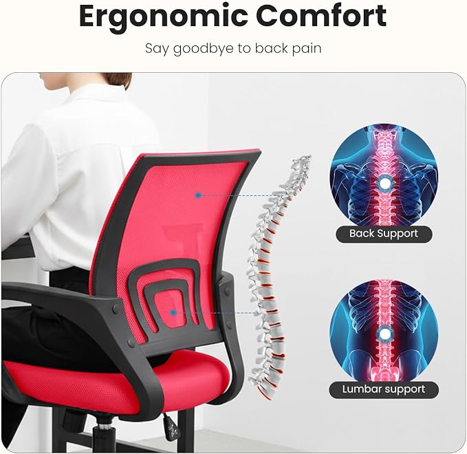 DUMOS Ergonomic Office Chair, Mid-Back Executive Desk Chair 2 Pack | Comfortable Lumbar Support, Breathable Backrest, Fixed Armrest, Height Adjustable, 360° Swivel, Computer Gaming, Red