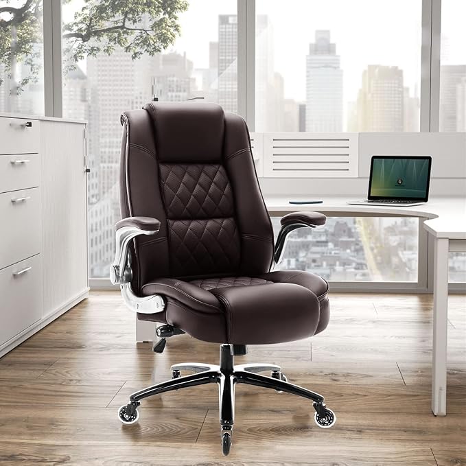 High Back Office Chair, Ergonomic Executive Computer Desk Chair | Flip Arms, Adjustable Built-in Lumbar Support, Thick Padded, Strong Metal Base, Quiet Wheels Work Chairs for Long Hours