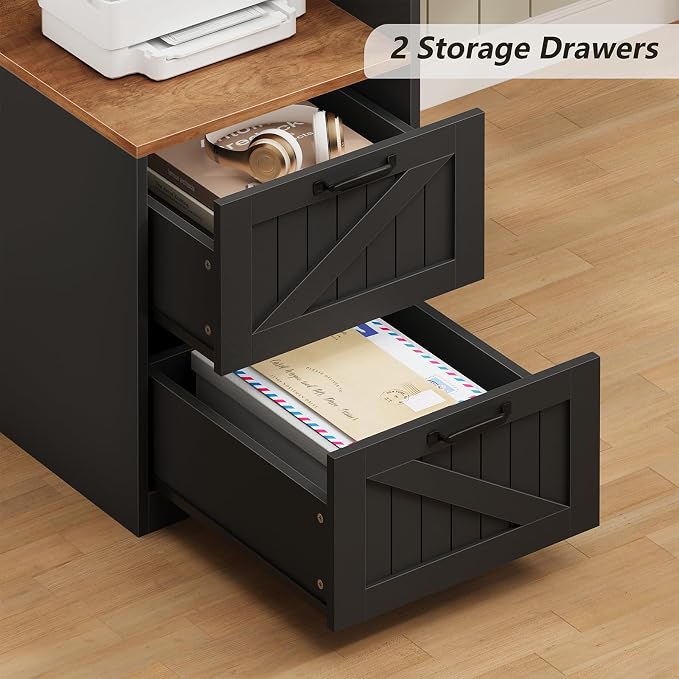 63" Farmhouse L Shaped Desk with Drawers & Printer Shelf for Home Office | Corner Computer Desk with Storage, Power Outlets, L Shaped Office Desk with Monitor Stand, Printer Shelf, Brown & Black
