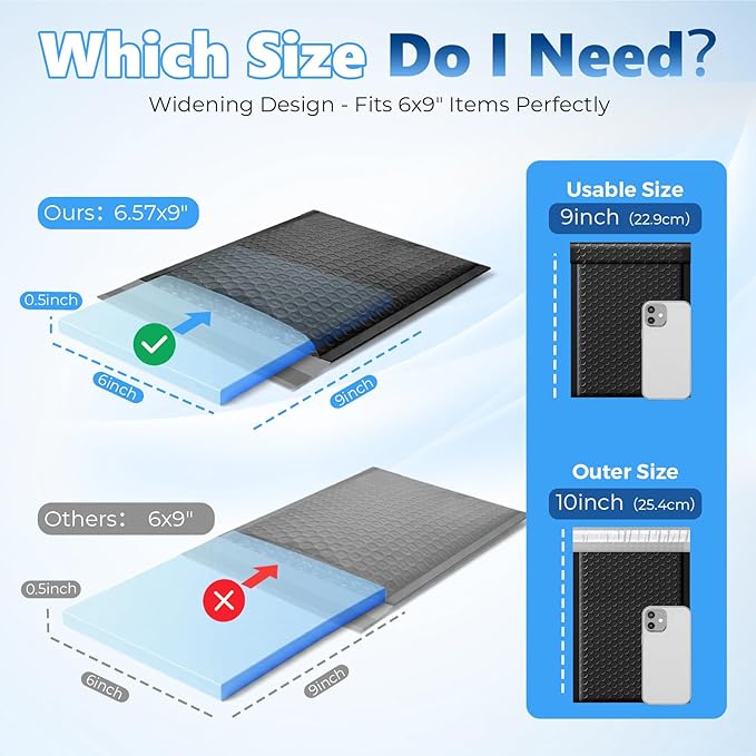 Metronic Bubble Mailers 6.57x10" 50 Pack Padded Envelopes with 1/7" Thickened Bubble Waterproof Mailing Envelopes Usable Size 6.57x9" Shipping Bag for Fragile Products, 6x9 Items,Small Business, Black