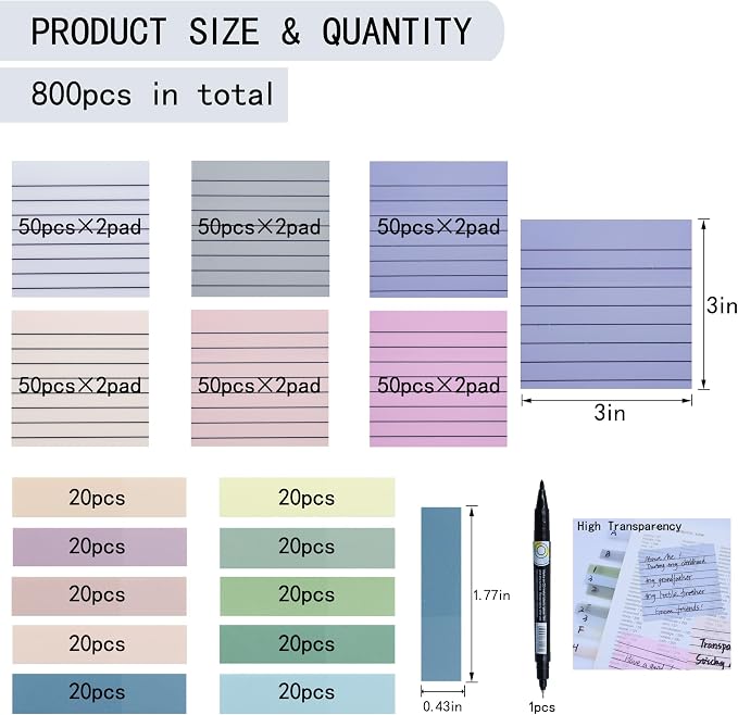 YOUDEFUL 800Pcs Transparent Sticky Note, 3"x3" Clear Sticky Note with Line | Waterproof Translucent Sticky Note for Books Annotation, Back to School Sticky Notes for Bible Study, School, Office