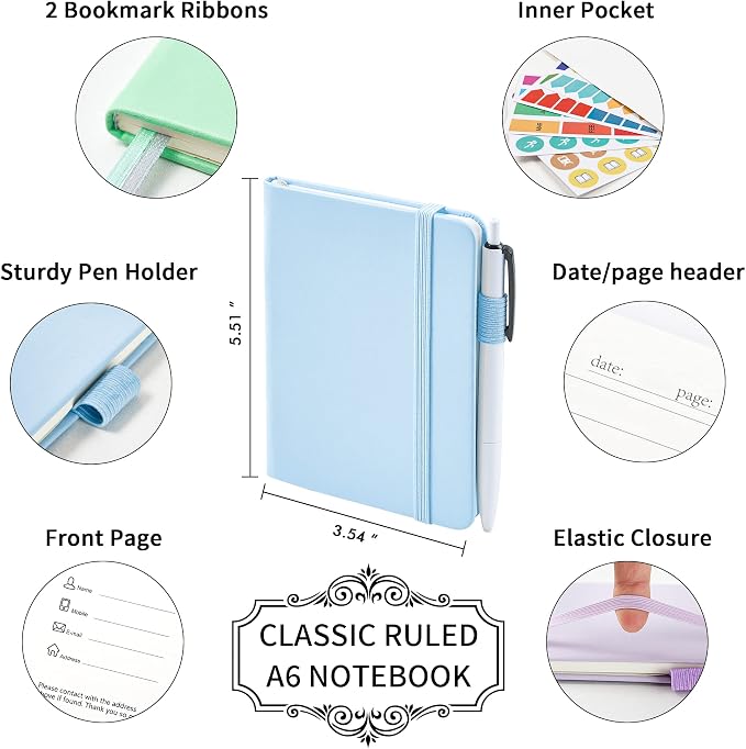 feela 3 Pack Pocket Small Notebook Journals, Mini Cute Hardcover College Ruled Notepad Women Office Supplies, with 3 Black Pens, 3.5”x 5.5”, A6, Pastel Colors, Light Blue, Light Purple, Light Green | College Ruled, Hardback Small Journal Bulk for Work,...