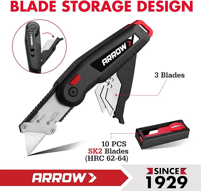 ARROW Utility Knife, Speed Release Folding Knife with Blade Storage Design, Quick Change Box Cutter with Belt Clip and Landyard Hole, Extra 13 Pieces SK2 Blades Included