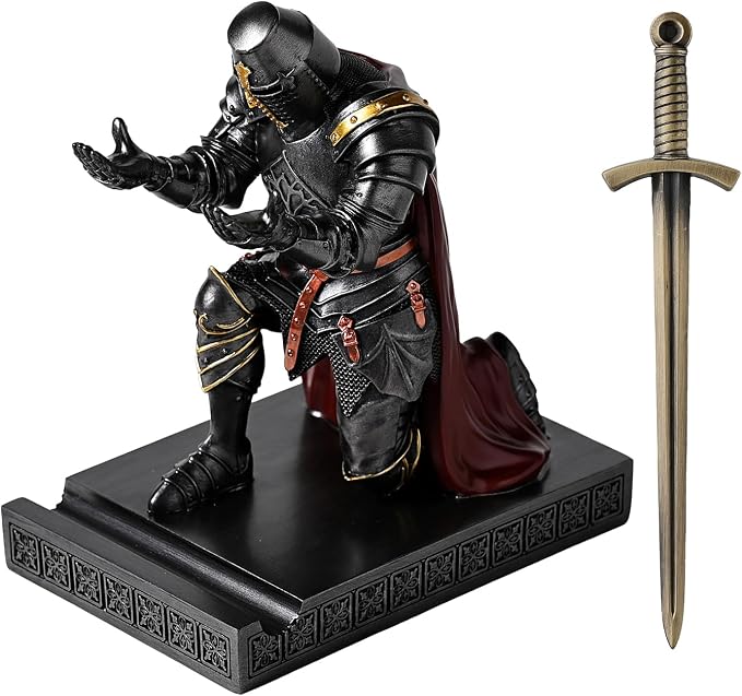 Medieval Templar Vanguard Officer Knight Pen Holder Desk Organizers Iron | Pencil Stand Paperweight Desktop Decoration Accessories Cell Phone Stand with a Fancy Sword for Medieval Warrior Enthusiast