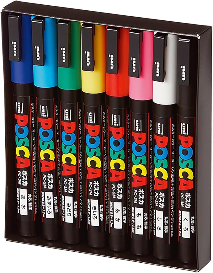 Uni Posca Paint Markers, 3M Fine Point Acrylic Paint Pens with Reversible Tips, Art Supplies For Gifts, Decorations Fabric, Metal, Glass, Wood and Canvas, 8 Pack