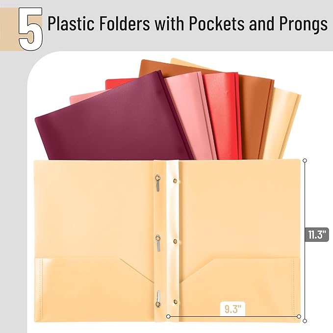 Mr. Pen- Plastic Folders with Pockets and Prongs, 5 Pack, Letter Size, Sunset Shades, Flexible Plastic Folders with Prongs