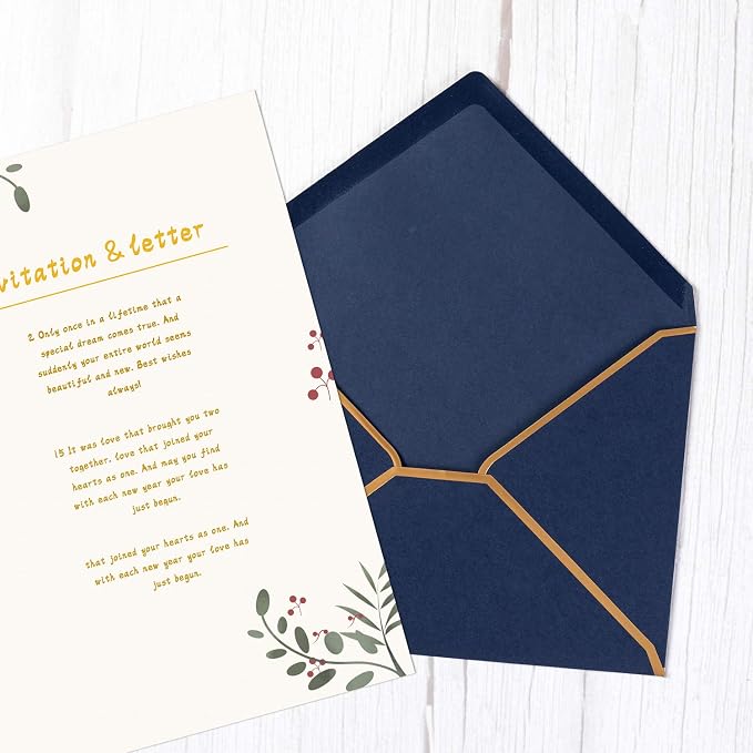 50 Pack A6 Envelopes Navy Blue 4x6 with Gold Border, 4.75x6.5 | Self-Adhesive, V Flap, For Wedding, Graduation, Baby Shower, Parties, Invitations