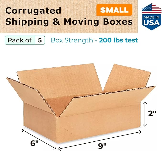 Small Moving & Shipping Boxes 9 x 6 x 2 inches (5-Pack) - Extra Strength 200 lb vs Regular - USA-Made Corrugated Strong Cardboard Boxes - Corrugated Small Box for Shipping & Packaging by IDL Packaging
