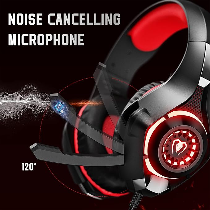 Tatybo Gaming Headset for Ps4 Ps5 Xbox One Switch PC with Noise Canceling Mic, Deep Bass Stereo Sound (Black Red)