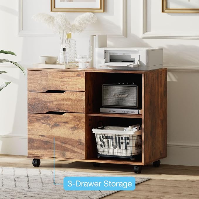 OLIXIS 3 Drawer Lateral File Cabinet, Rolling Printer Stand with Storage | Mobile Filing Cabinet Fits Under Desks, Holds A4/letter Files with Hanging Frame and Lockable Wheels, Brown