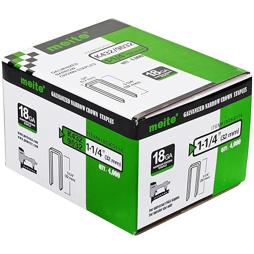 meite 18 Gauge 1/4-Inch Narrow Crown Staples, 1-1/4-Inch Length Heavy Duty Galvanized Upholstery Staples for Electric or Pneumatic Narrow Crown Stapler Guns (4,000 PCS)