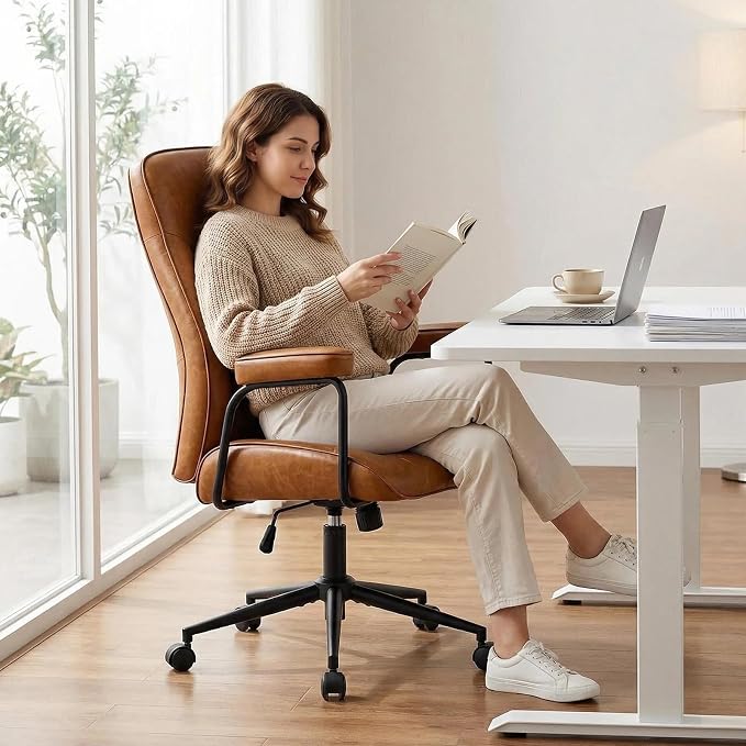 Leather Office Chair, Comfy Home Office Desk Chair, Mid Century Modern Office Chair with Lumbar Support, Mid-Back Adjustable Swivel Computer Chair with Wheels and Arms, Brown