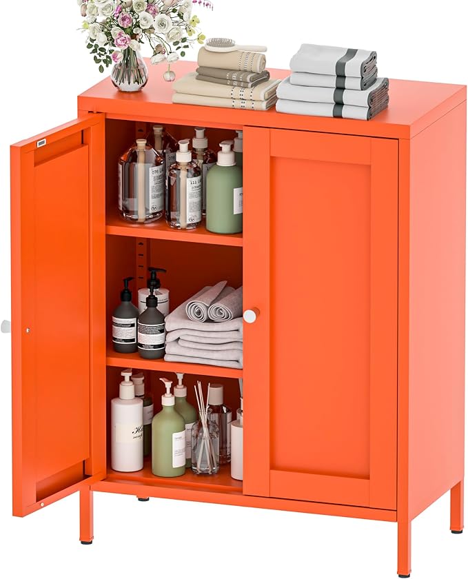 YAUWOH Metal Bathroom Storage Cabinet, Bathroom Floor Storage Cabinet with 2 Adjustable Shelves and 2 Doors,Freestanding Metal Sideboard for Small Spaces, Living Room, Dining Room,Orange