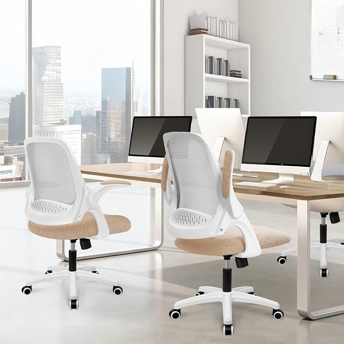 NEO CHAIR Office Desk Chair, Ergonomic Mesh with Flip-Up Armrests, Beige | Lumbar Support, Height Adjustment, 360° Swivel and Rolling Base, Space-Saving Design for Home Office, Vanity or Study