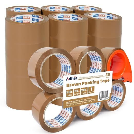 ADHES Brown Packing Tape with Dispenser, 1.88 Inch x 55 Yards | 36 Rolls Heavy Duty Shipping Tape for Moving Boxes, Packaging and Storage, Strong Adhesive