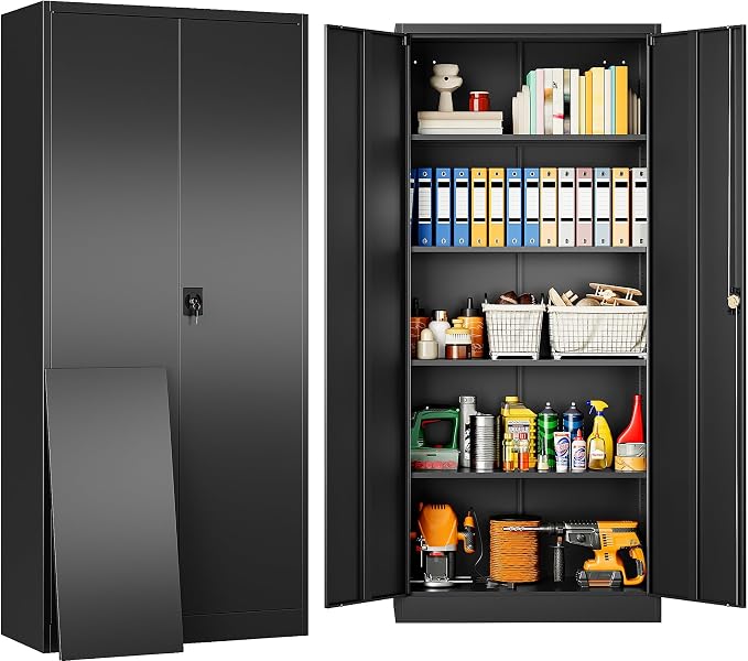 Metal Storage Cabinet with 2 Doors and 5 Shelves,71" Lockable Garage Storage Cabinet,Black Metal Cabinets with Lock,Locking Steel Cabinets for Home,Office,Garage,Shop,School