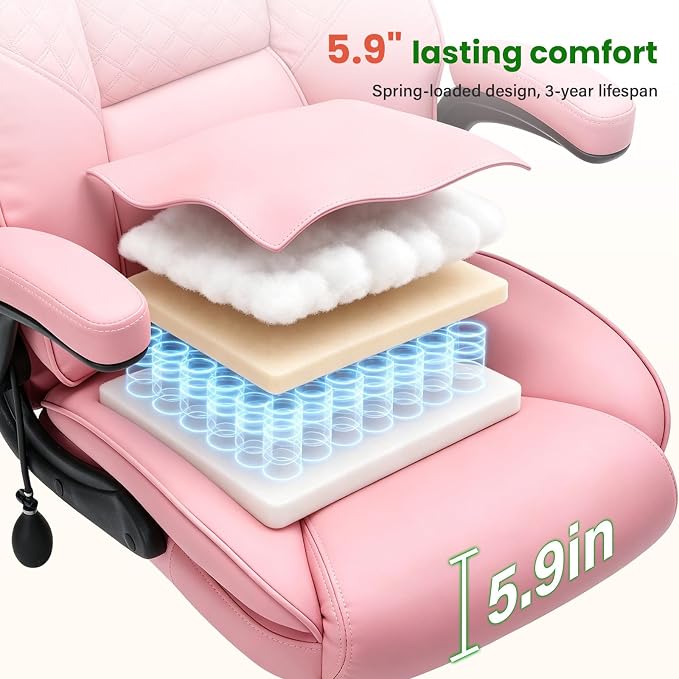 CIOMAN 500lbs Big and Tall Office Chair with Inflatable Lumbar Support, Rubber Wheels Executive Chair with Rocking Function, High Back Wide Cushion Ergonomic Desk Chair for All-Day Sitting,Pink