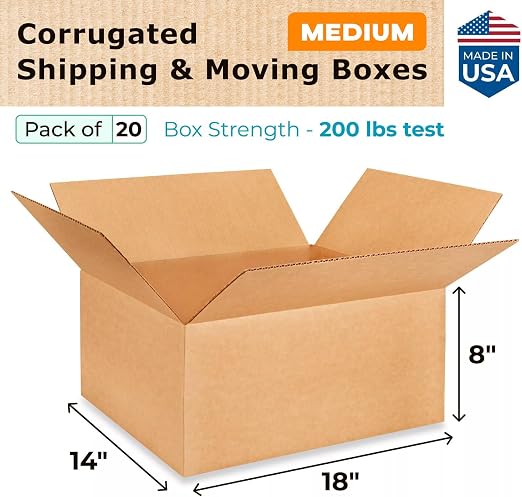 Medium Shipping & Moving Boxes 18"L x 14"W x 8"H (20-Pack) - Extra Strength 200 lb vs Regular - Corrugated Durable Boxes for Packaging - Heavy Duty Moving Box - Packaging Box by IDL Packaging | Extra Strength 200 lb vs Regular - Corrugated Durable Boxe...