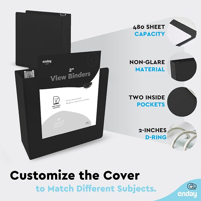 Enday 2 Inch 3 Ring Binder, Black Heavy Duty Three Ring Binder, 480 Sheets Capacity - 2 Inch Binder for Home School and Office.