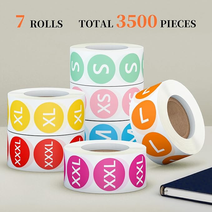 3500 Pcs 7 Rolls 7/8 Inch Size Stickers, 7 Colorful Sizes Coded Round Self Adhesive Labels for Clothing, Sticker Holder for Shirt (XS, S, M, L, XL, XXL and XXXL), BIAlabel