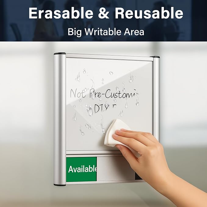 Conference Room Door Sign with Slider – Office Door Sign for Meeting Room, Writable Whiteboard Panel, DIY Custom Insert Options, In Use Available, Self-Adhesive Mount（Rounded Edges）