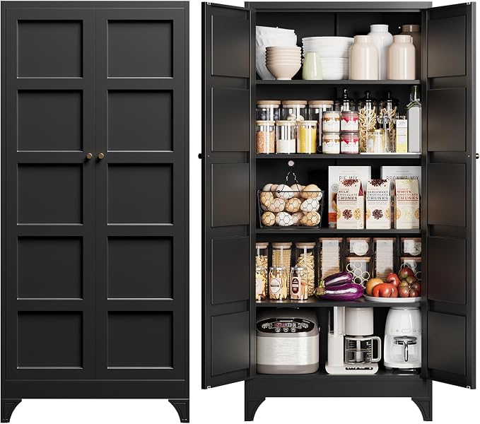 Metal Storage Cabinet with 2 Doors and 4 Adjustable Shelves - 71" Black Kitchen Pantry Storage Cabinet,4-Tier Tall Steel Cabinet Locker for Living Room,Dining Room,Kitchen