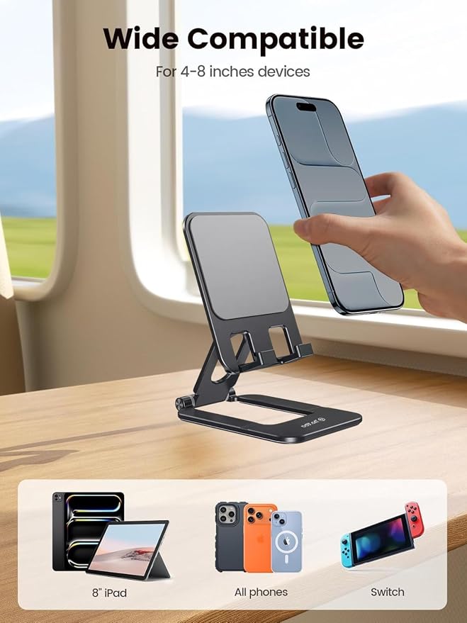 Adjustable Foldable Phone Stand for Desk, Premium Aluminum Cell Phone Holder, Portable Multi-Angle Desktop Stand Compatible with iPhone, Galaxy, iPad, Tablets & All Smartphones