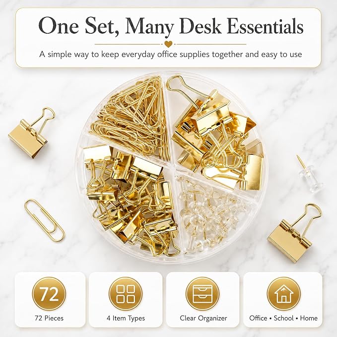 Paper Clips Binder Push Pin Set, Assorted Sized Binder Clips | Cute Office Supplies, Aesthetic Desk Accessories Teachers Desk Must Have, Paper Clips and Binder Clips Set, Gold, 1 Pack