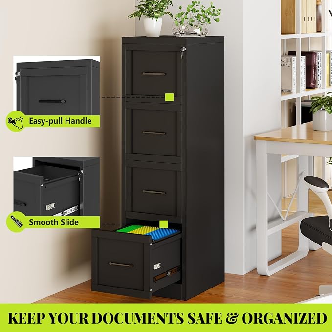 4-Drawer Metal File Cabinet with Lock, Tall Narrow Vertical, Black | Tall metal filing cabinet with adjustable rails for Letter, Legal and A4 folders; one lock secures all four drawers