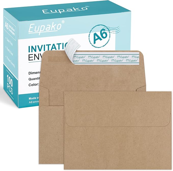 Eupako A6 Brown Envelopes 4x6, 100 Pack Self Seal Envelopes for 4x6 Cards, Photos, Invitations, Wedding, Graduation, Baby Shower, RSVP, 6.5 x 4.75 Inches